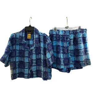 Spoonjeans Shorts Set Juniors XL Blue Plaid Distressed 2 Piece Co-ord Y2K Grunge